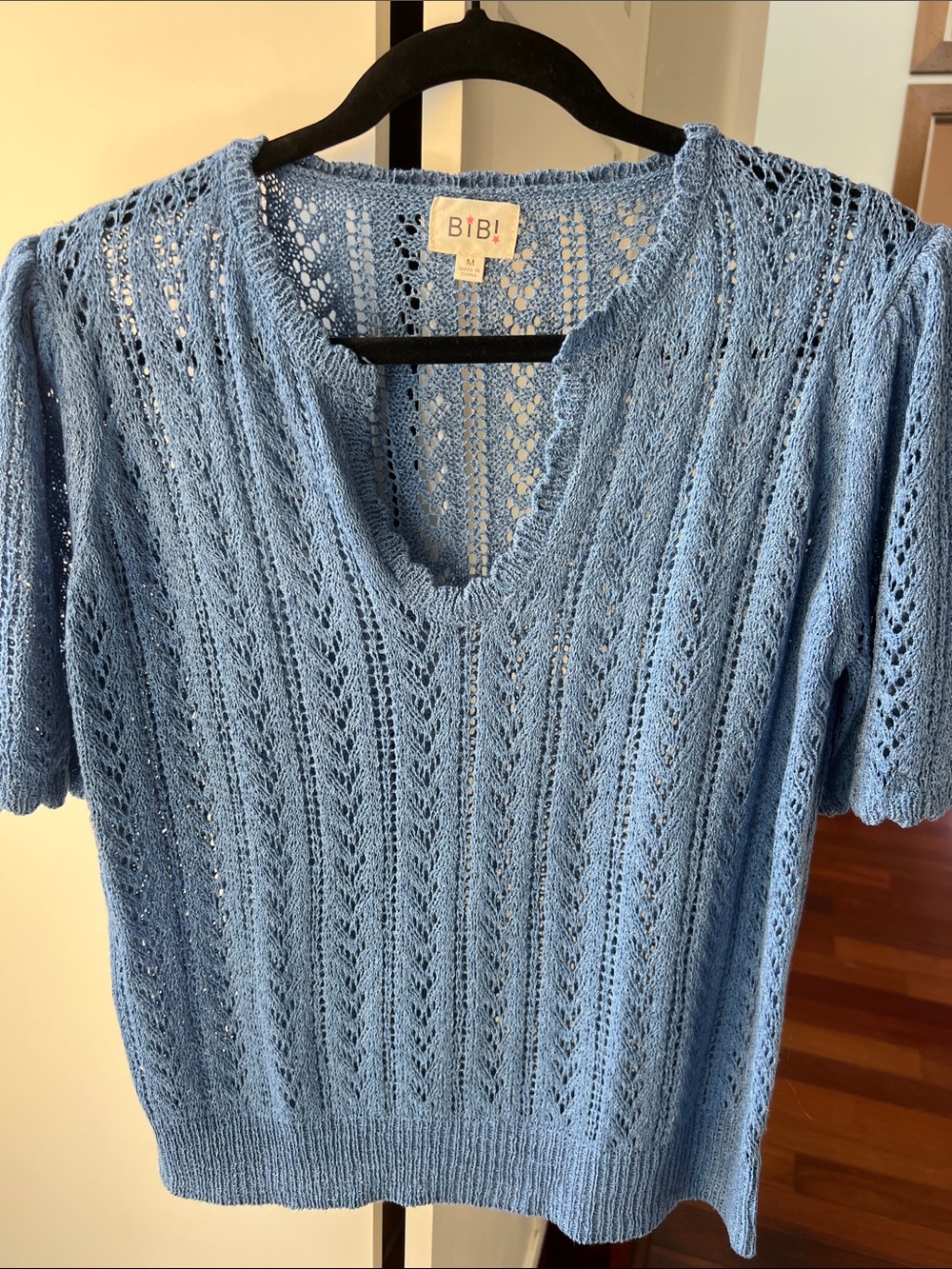 BiBi Light Blue Openwork Knit V-Neck Short Sleeve Top